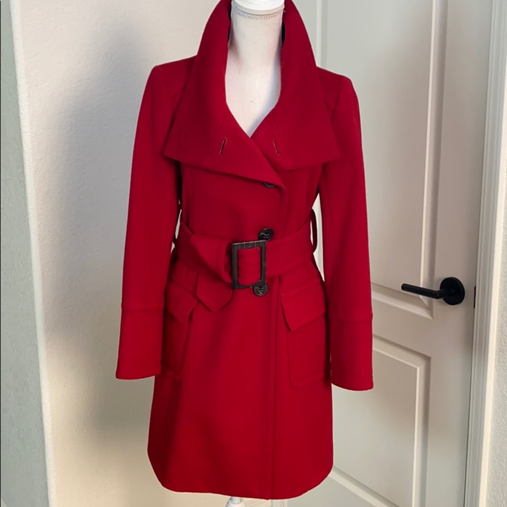 Zara Woman Red Belted Wool Coat